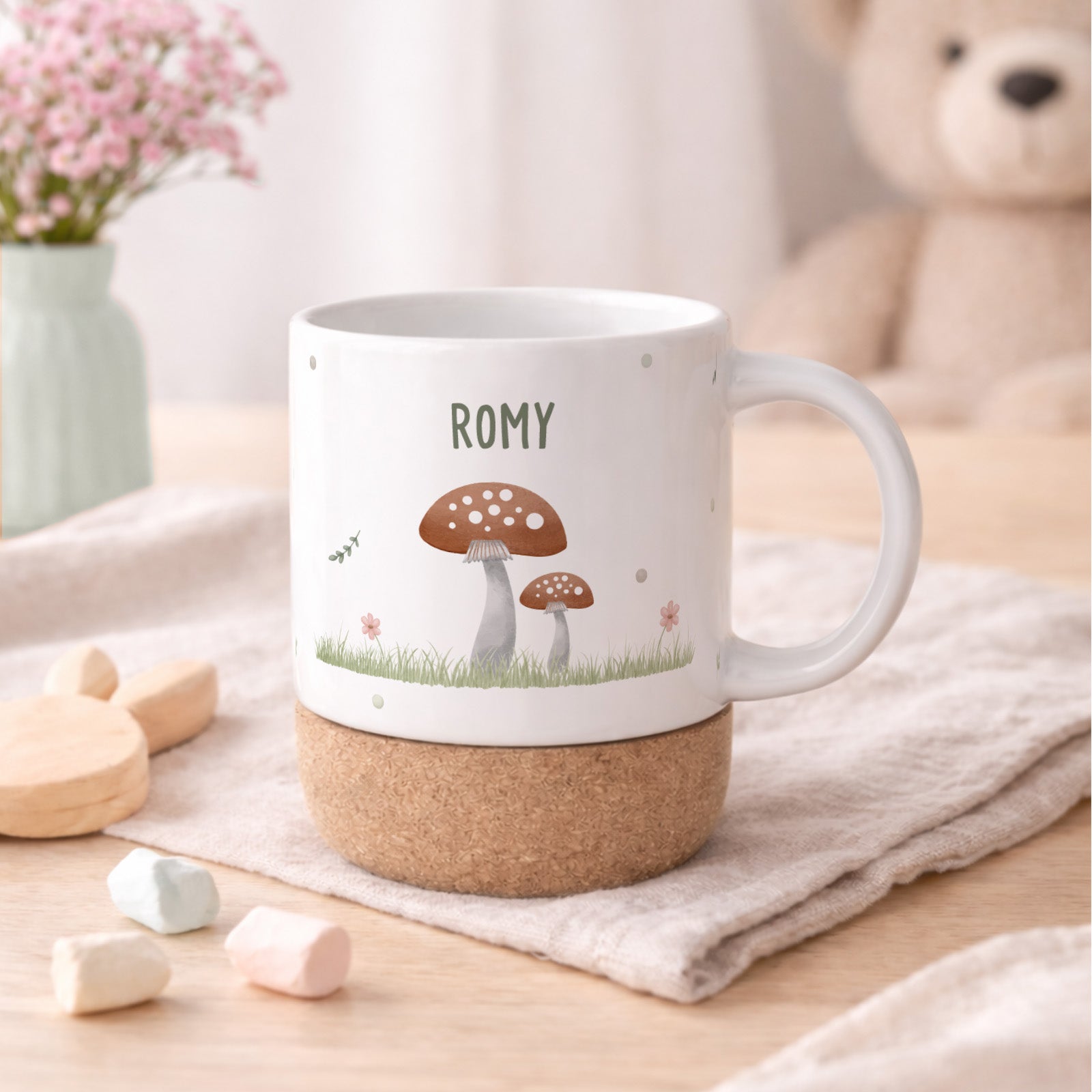 Personalisierte Tasse mit Korkboden Pilze