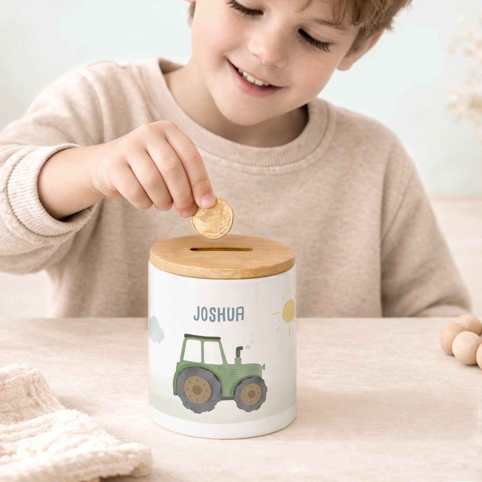 Personalisierte Spardose für Kinder Trecker