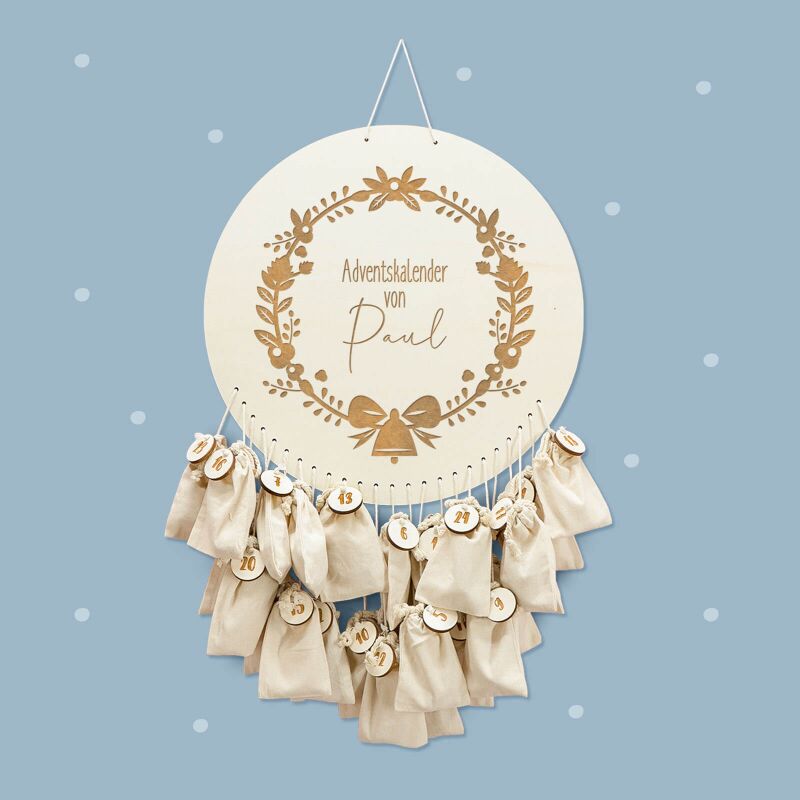 Adventskalender „Kranz mit Glocke“ für Kind personalisiert Gravur