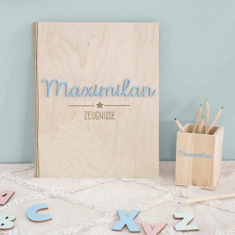 Einschulungs-Set Zeugnismappe und Stiftehalter 3D-Name "Stern/Herz"