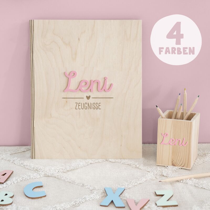 Einschulungs-Set Zeugnismappe und Stiftehalter 3D-Name "Stern/Herz"