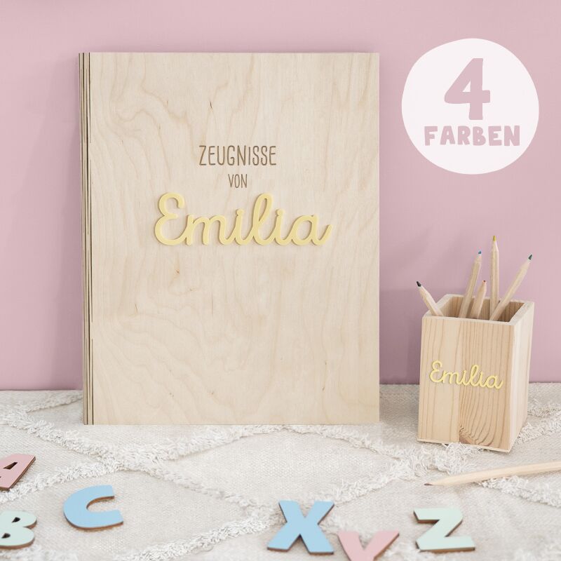 Einschulungs-Set Zeugnismappe und Stiftehalter 3D-Name "Zeugnisse von"