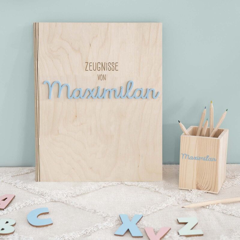 Einschulungs-Set Zeugnismappe und Stiftehalter 3D-Name "Zeugnisse von"