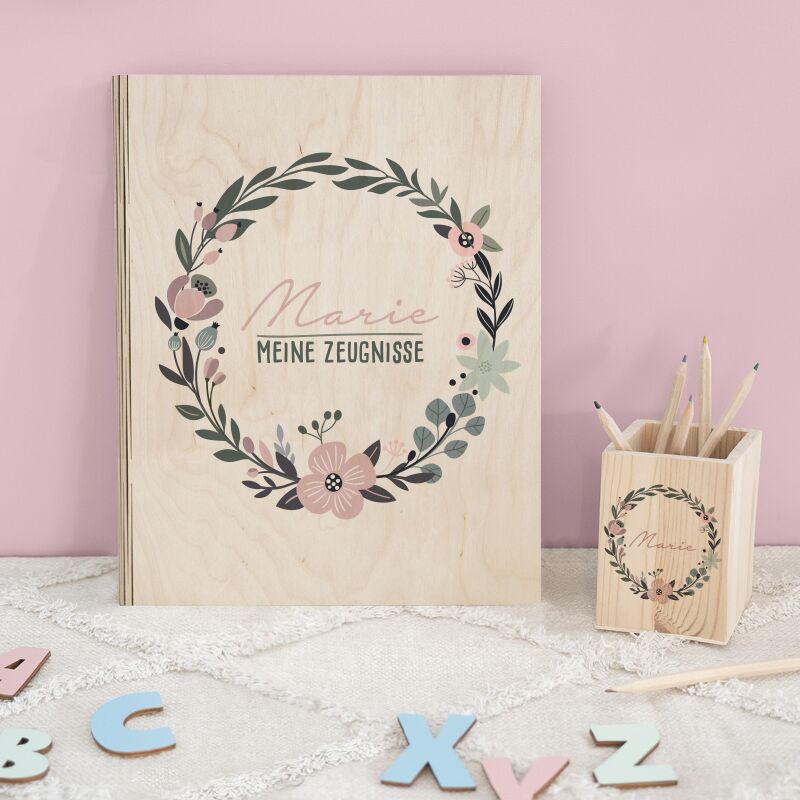 Einschulungs-Set Zeugnismappe und Stiftehalter "Blumenkranz"