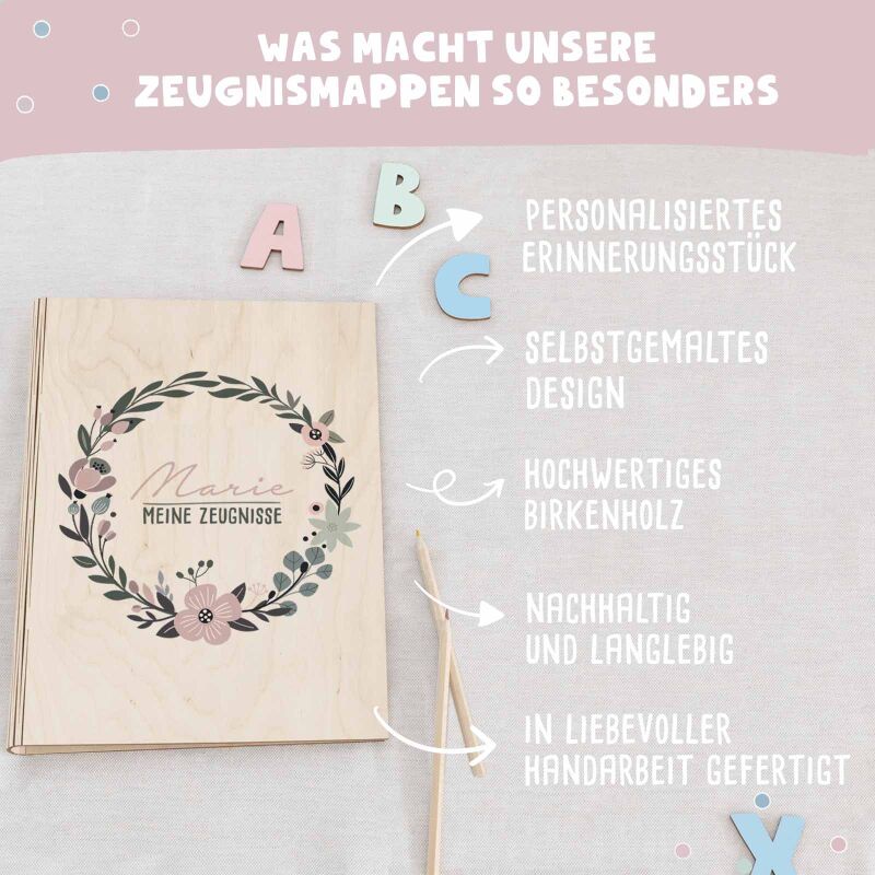 Einschulungs-Set Zeugnismappe und Stiftehalter "Blumenkranz"
