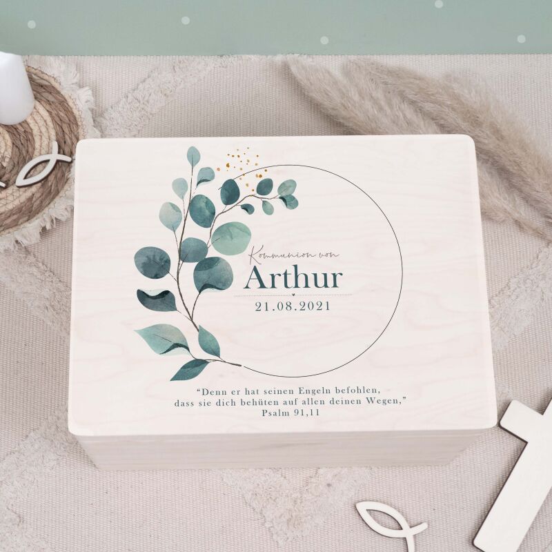Erinnerungsbox Geschenk zur Kommunion "Eukalyptus" Aquarell
