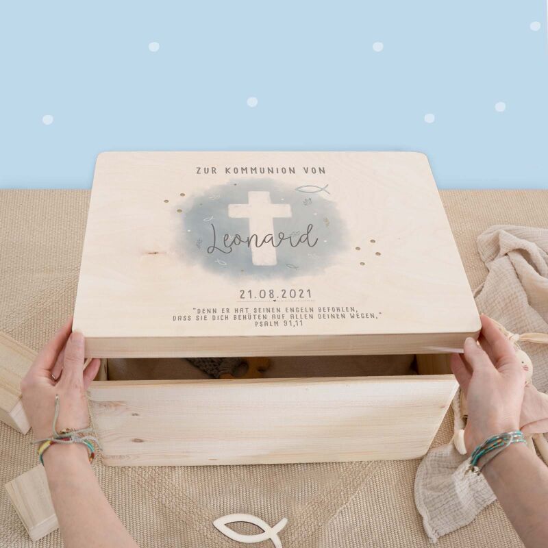 Erinnerungsbox Geschenk zur Kommunion "Kreuz Blau" Aquarell