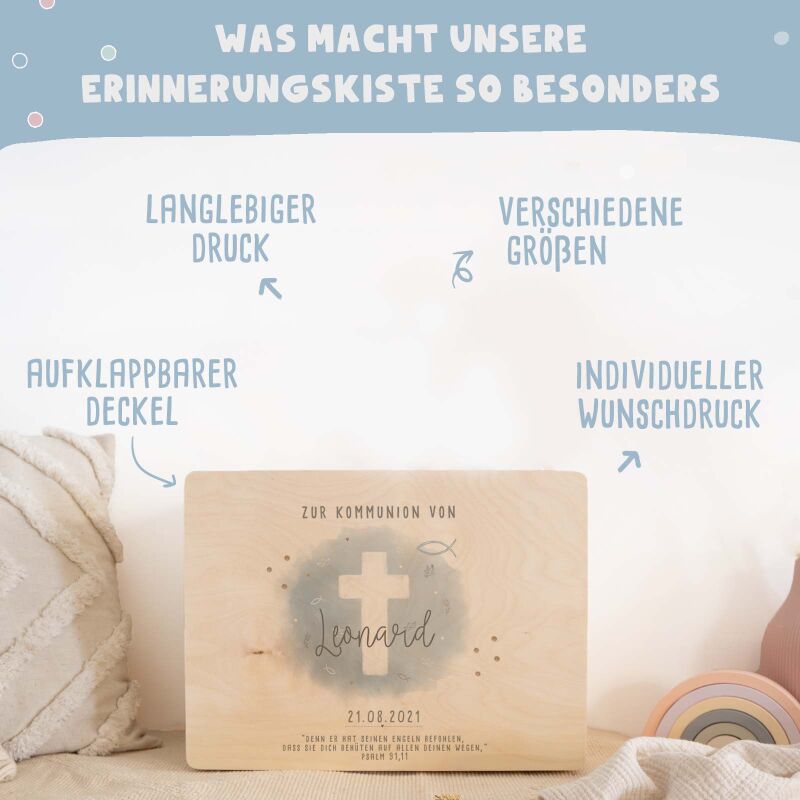 Erinnerungsbox Geschenk zur Kommunion "Kreuz Blau" Aquarell