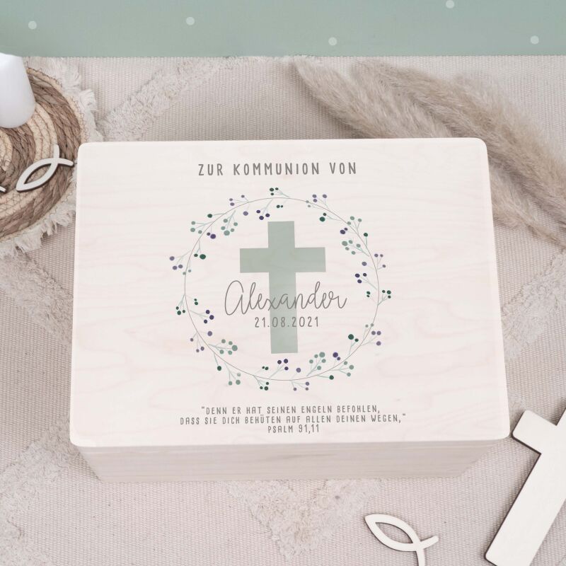 Erinnerungsbox Geschenk zur Kommunion "Kreuz Mint" Aquarell