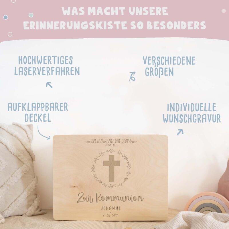 Erinnerungsbox Geschenk zur Kommunion "Kreuz mit Blumen" Gravur