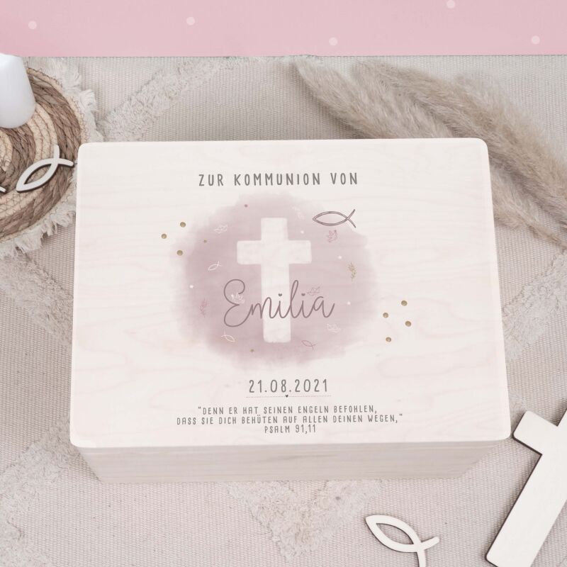 Erinnerungsbox Geschenk zur Kommunion "Kreuz Rosa" Aquarell