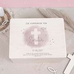 Erinnerungsbox Geschenk zur Kommunion "Kreuz Rosa" Aquarell