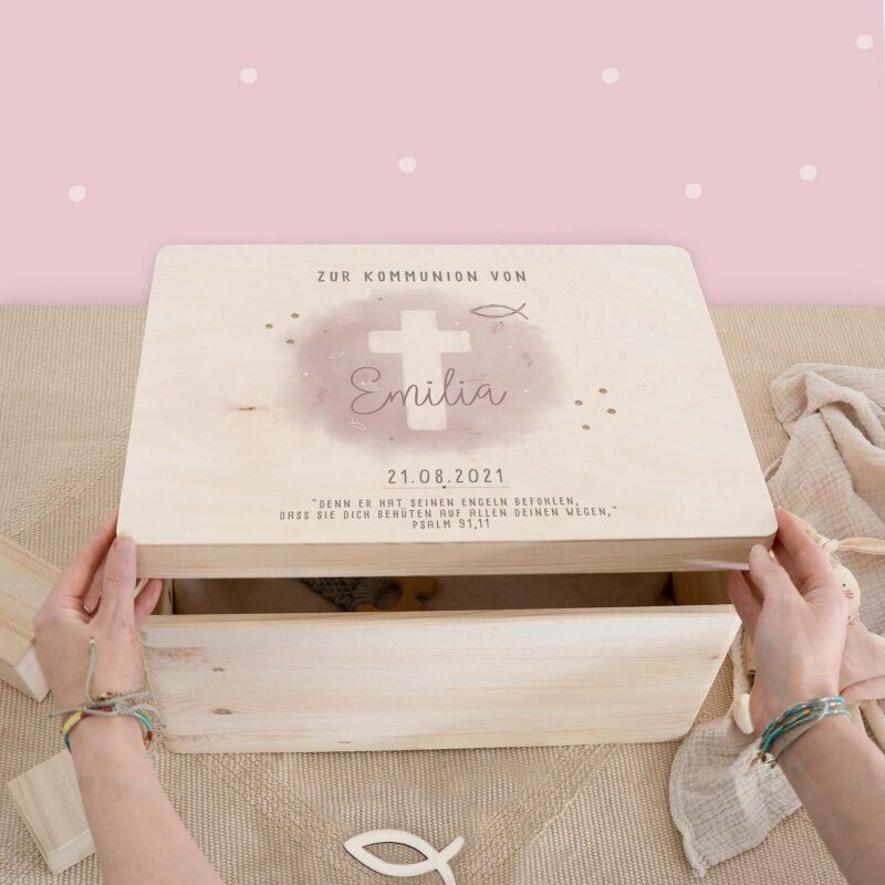 Erinnerungsbox Geschenk zur Kommunion "Kreuz Rosa" Aquarell