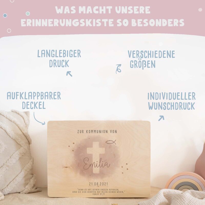 Erinnerungsbox Geschenk zur Kommunion "Kreuz Rosa" Aquarell