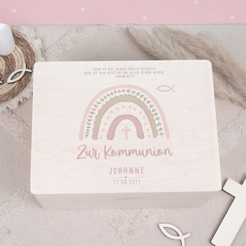 Erinnerungsbox Geschenk zur Kommunion "Regenbogen Rosa" Aquarell