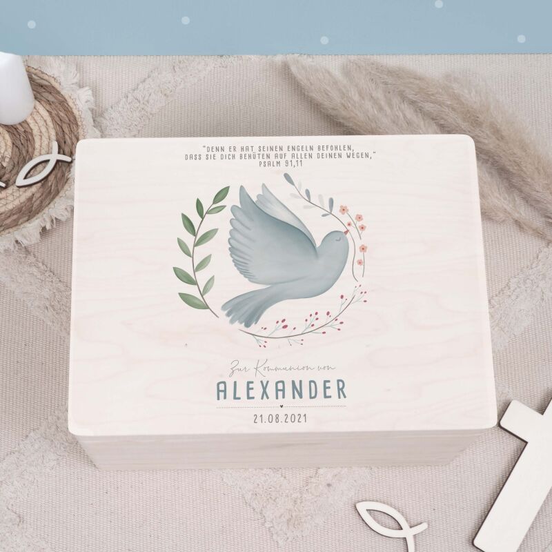 Erinnerungsbox Geschenk zur Kommunion "Taube im Kranz" Aquarell