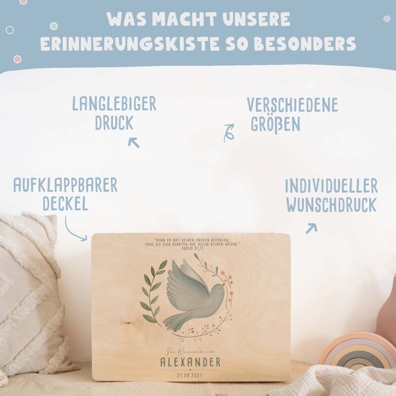 Erinnerungsbox Geschenk zur Kommunion "Taube im Kranz" Aquarell