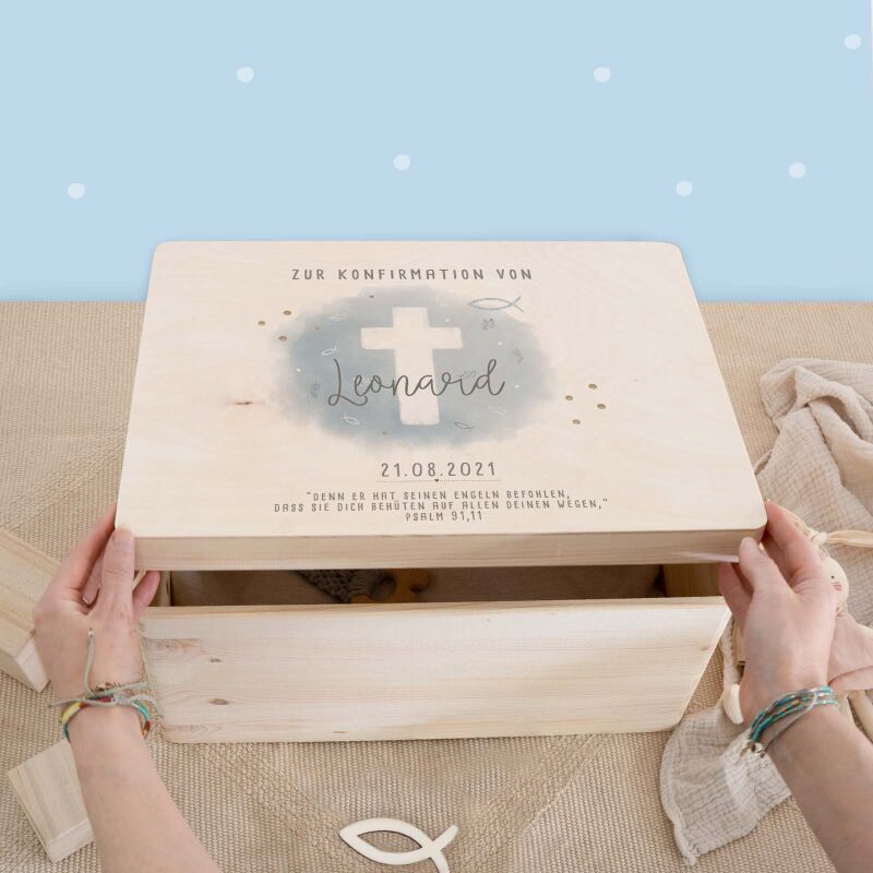 Erinnerungsbox Geschenk zur Konfirmation "Kreuz Blau" Aquarell