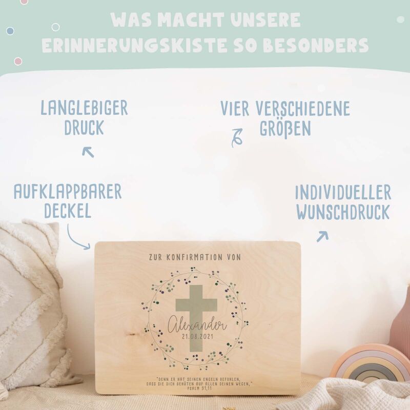 Erinnerungsbox Geschenk zur Konfirmation "Kreuz Mint" Aquarell