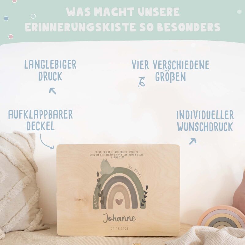 Erinnerungsbox Taufgeschenk "Regenbogen mit Taube" Aquarell