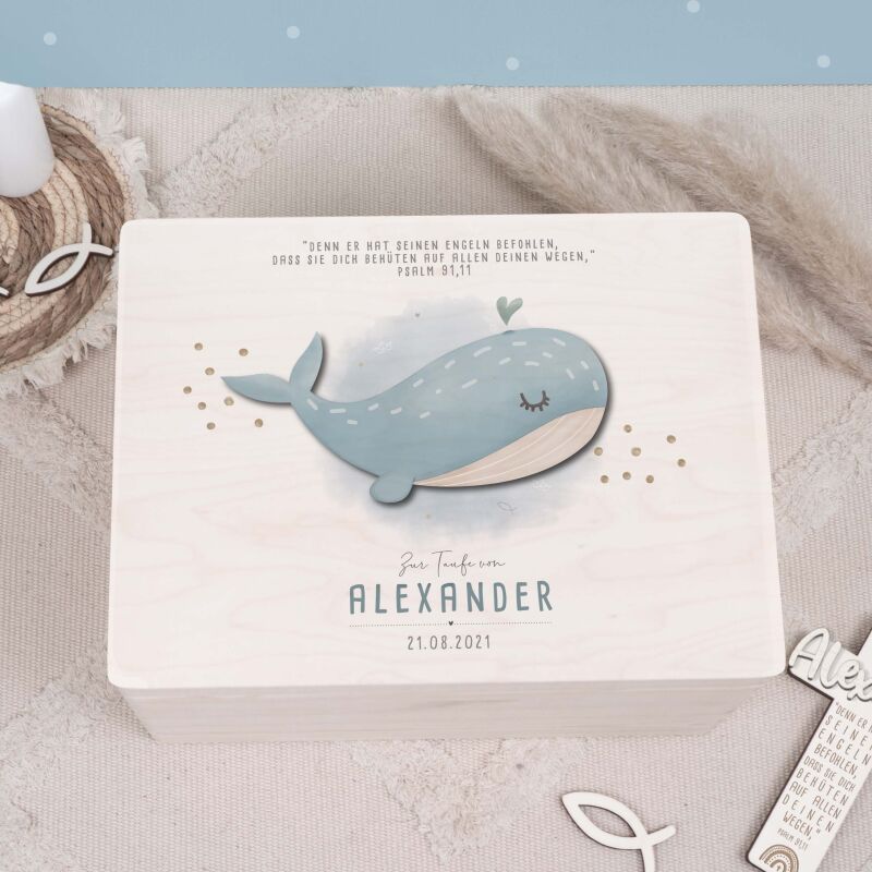 Erinnerungsbox Taufgeschenk "Wal" Aquarell
