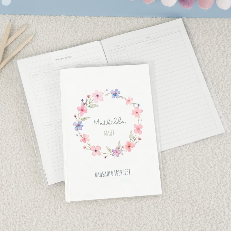 Hausaufgabenheft-Hülle mit personalisiertem Einleger "Blumenkranz Bunt" DIN A5