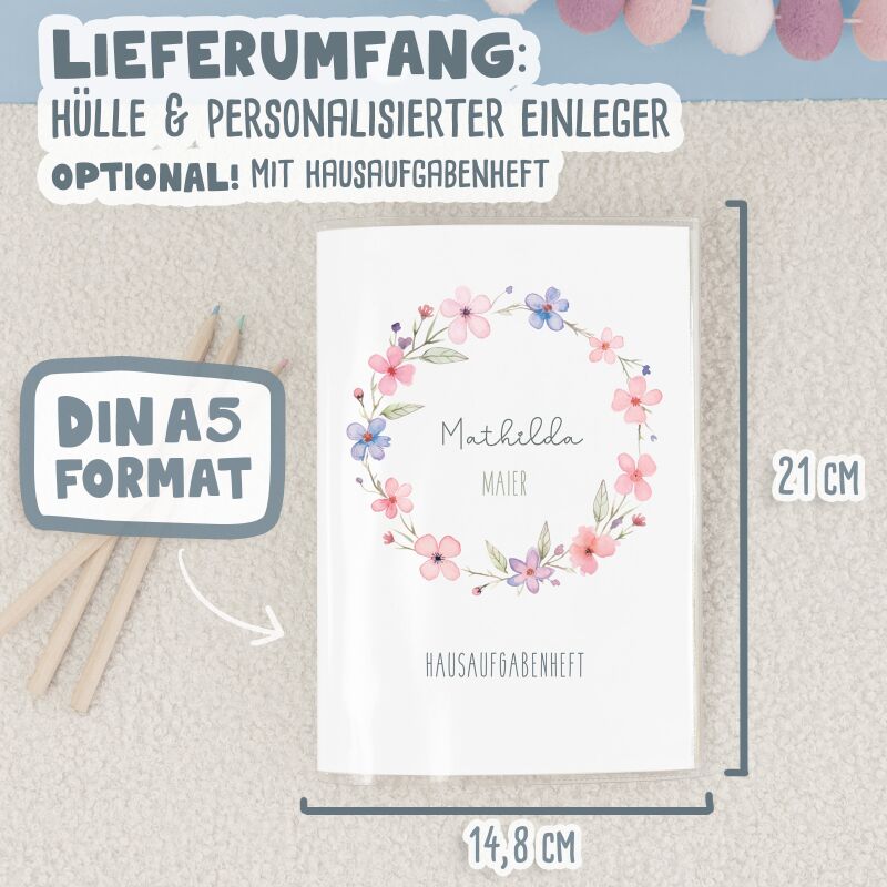 Hausaufgabenheft-Hülle mit personalisiertem Einleger "Blumenkranz Bunt" DIN A5
