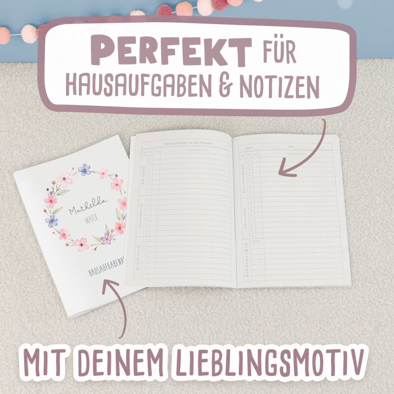 Hausaufgabenheft-Hülle mit personalisiertem Einleger "Blumenkranz Bunt" DIN A5