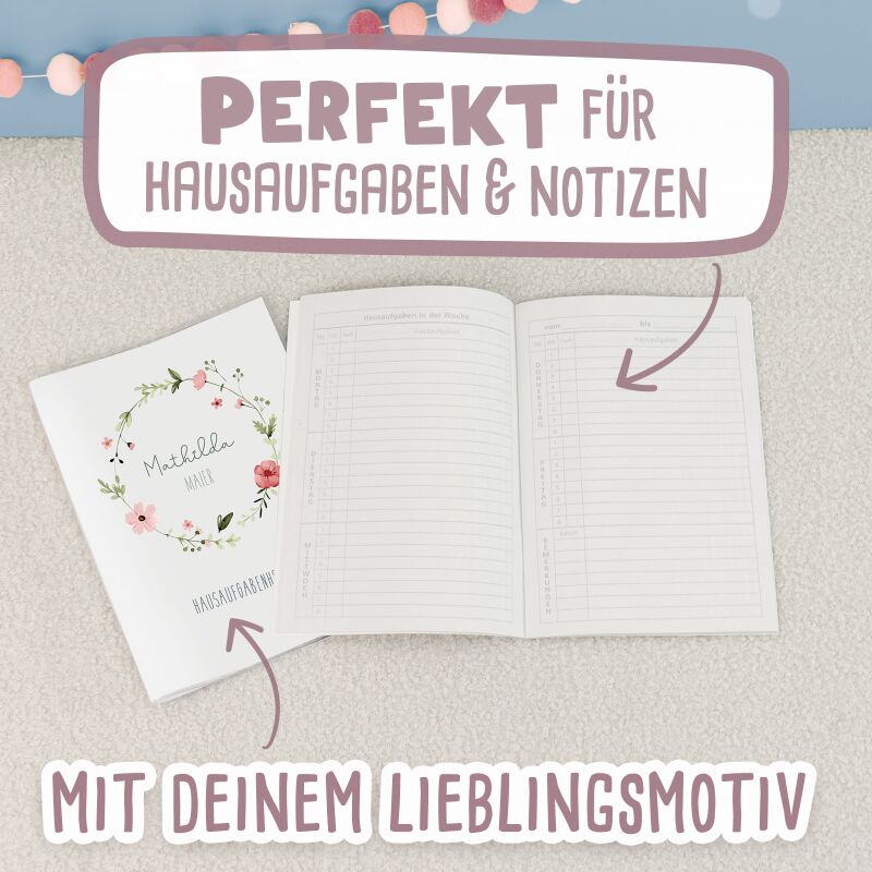 Hausaufgabenheft-Hülle mit personalisiertem Einleger "Blumenkranz Rot" DIN A5
