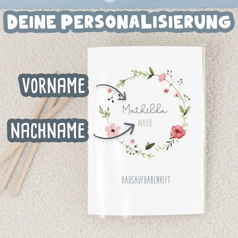 Hausaufgabenheft-Hülle mit personalisiertem Einleger "Blumenkranz Rot" DIN A5