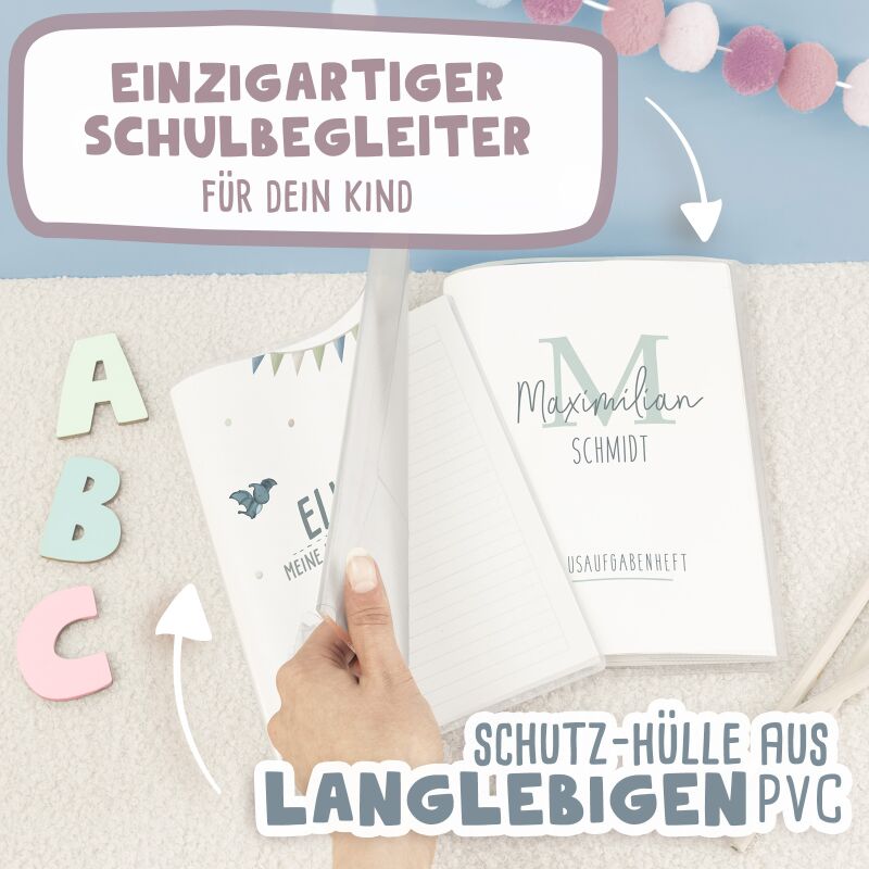 Hausaufgabenheft-Hülle mit personalisiertem Einleger "Buchstabe Dünn" DIN A5