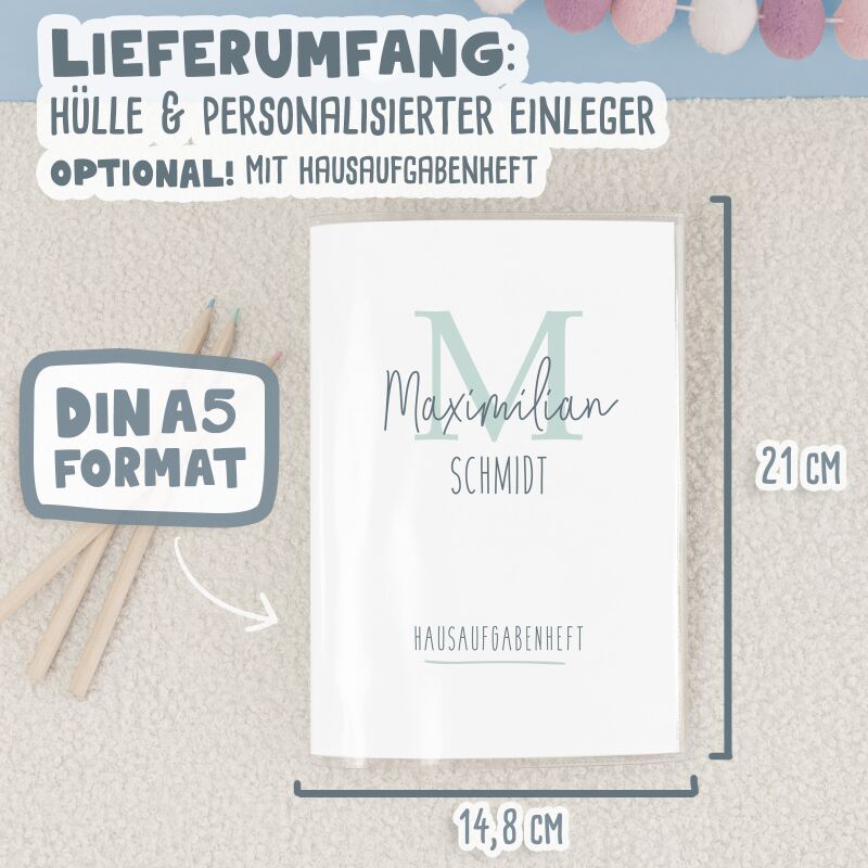 Hausaufgabenheft-Hülle mit personalisiertem Einleger "Buchstabe Dünn" DIN A5