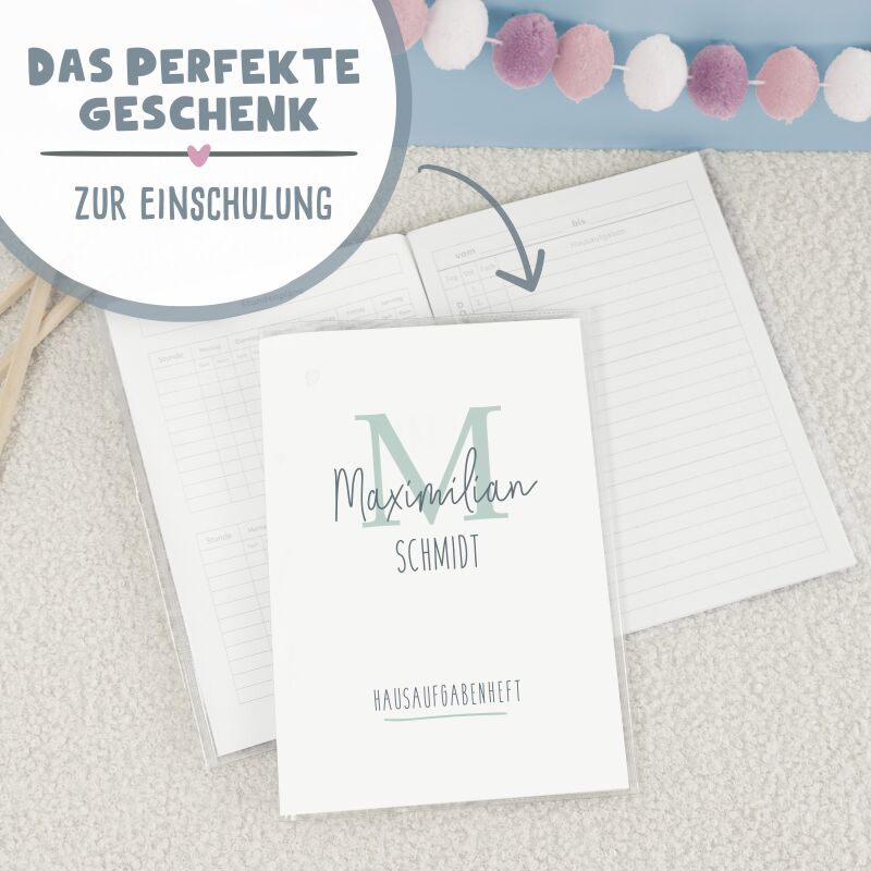 Hausaufgabenheft-Hülle mit personalisiertem Einleger "Buchstabe Dünn" DIN A5