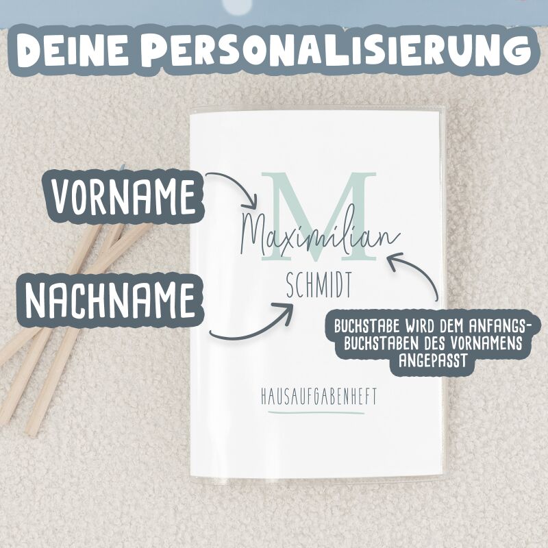 Hausaufgabenheft-Hülle mit personalisiertem Einleger "Buchstabe Dünn" DIN A5