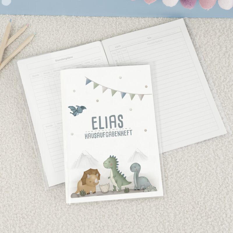 Hausaufgabenheft-Hülle mit personalisiertem Einleger "Dinowelt" DIN A5