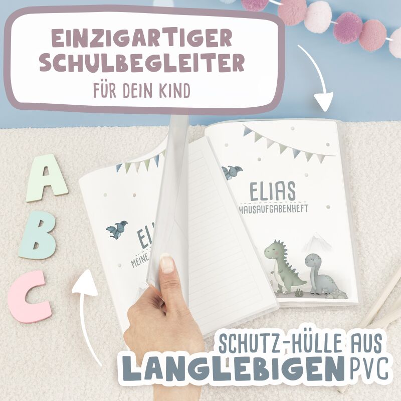 Hausaufgabenheft-Hülle mit personalisiertem Einleger "Dinowelt" DIN A5