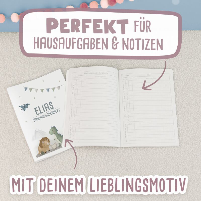 Hausaufgabenheft-Hülle mit personalisiertem Einleger "Dinowelt" DIN A5