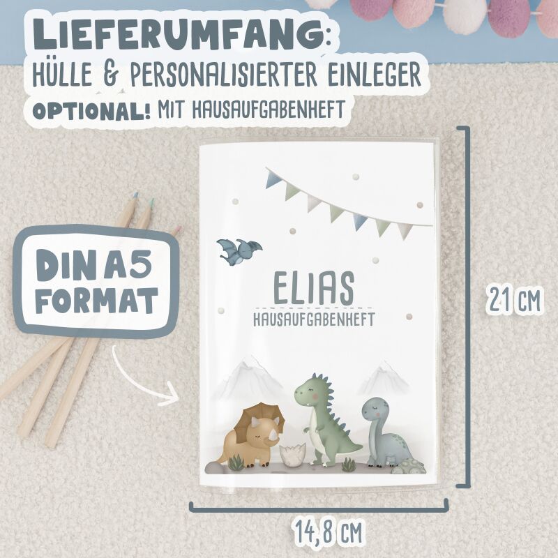 Hausaufgabenheft-Hülle mit personalisiertem Einleger "Dinowelt" DIN A5