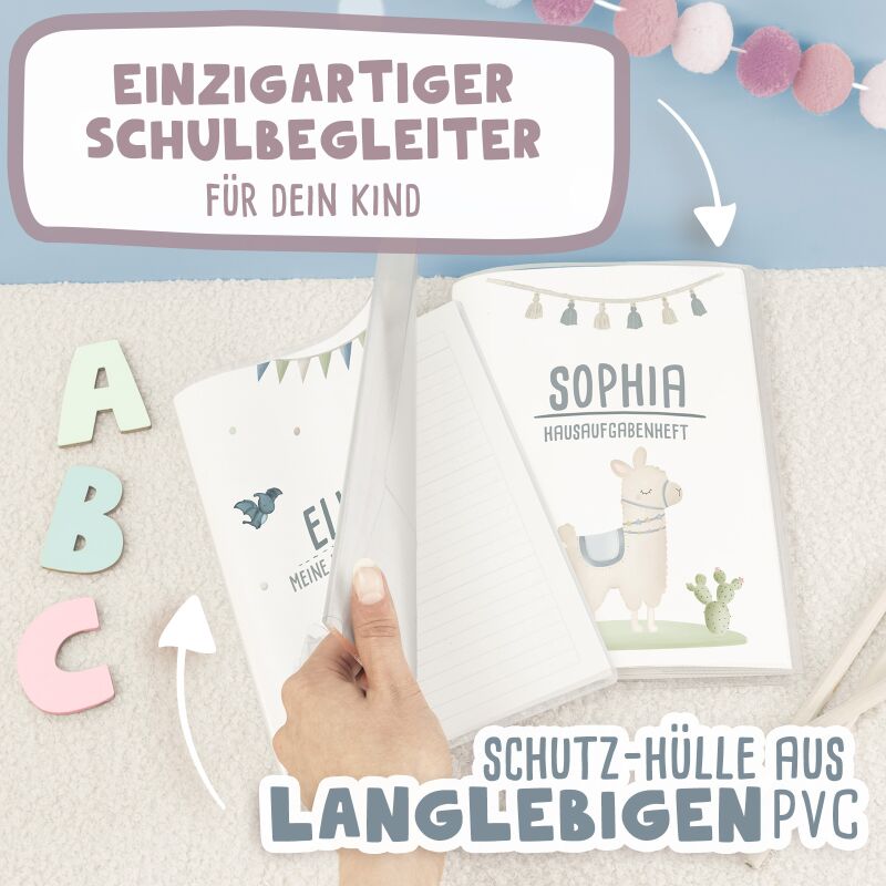 Hausaufgabenheft-Hülle mit personalisiertem Einleger "Lama" DIN A5