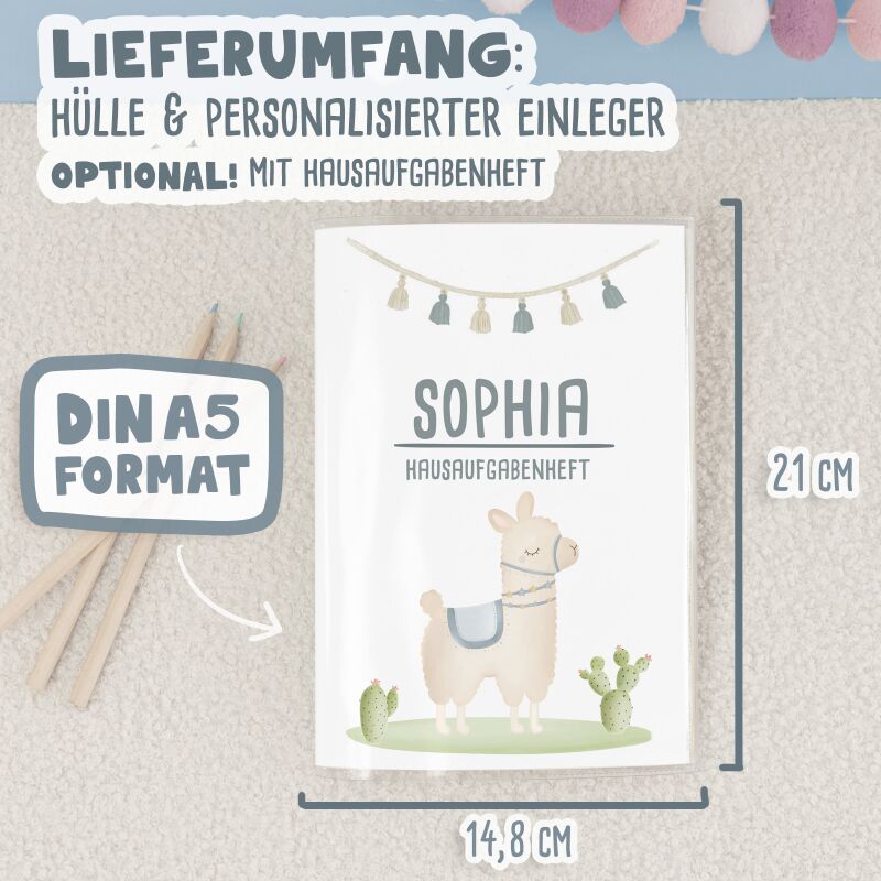 Hausaufgabenheft-Hülle mit personalisiertem Einleger "Lama" DIN A5