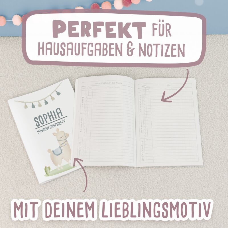 Hausaufgabenheft-Hülle mit personalisiertem Einleger "Lama" DIN A5