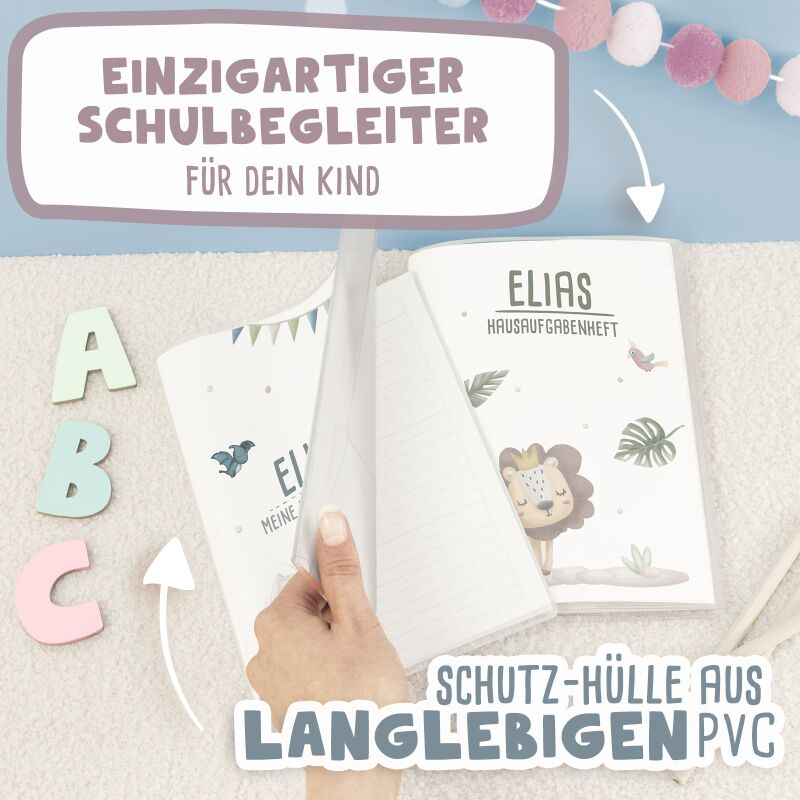 Hausaufgabenheft-Hülle mit personalisiertem Einleger "Löwe" DIN A5