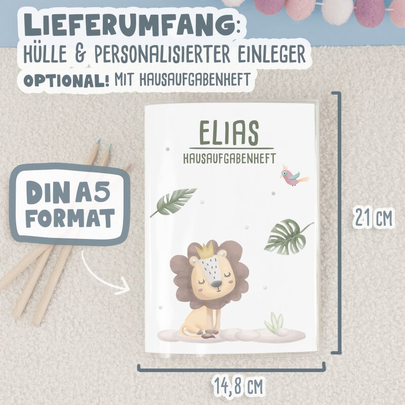 Hausaufgabenheft-Hülle mit personalisiertem Einleger "Löwe" DIN A5