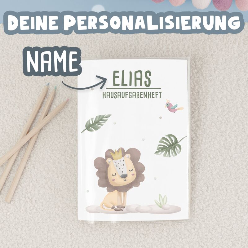 Hausaufgabenheft-Hülle mit personalisiertem Einleger "Löwe" DIN A5