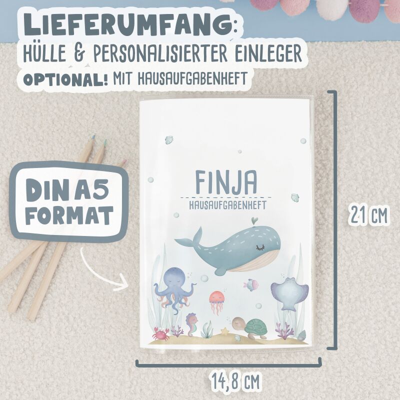 Hausaufgabenheft-Hülle mit personalisiertem Einleger "Unterwasserwelt" DIN A5