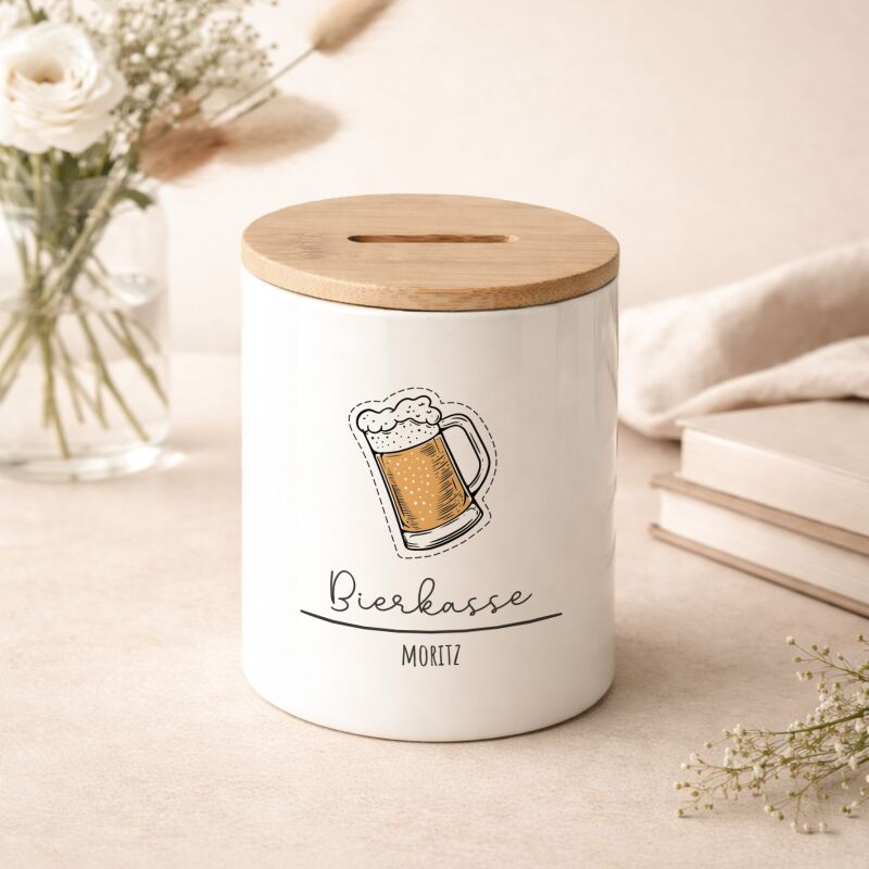 Keramik-Spardose mit Bambus-Deckel für Erwachsene "Bierkasse"