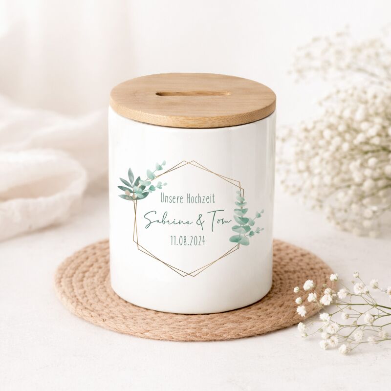 Keramik-Spardose mit Bambus-Deckel für Erwachsene "Eukalyptus Grafisch"
