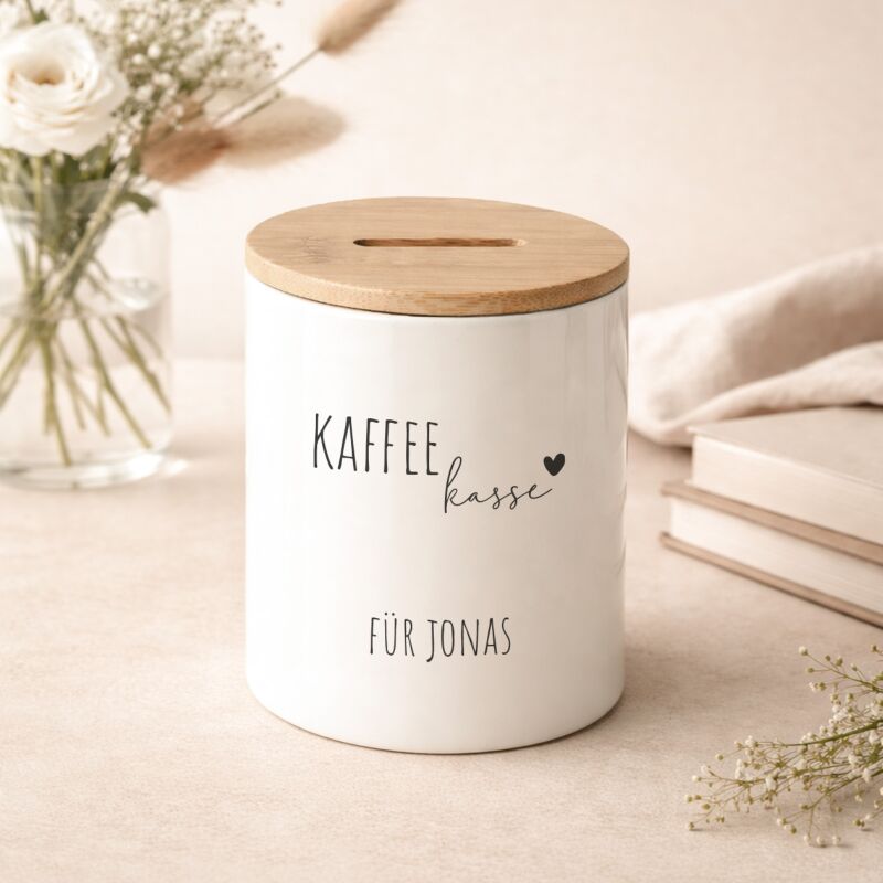 Keramik-Spardose mit Bambus-Deckel für Erwachsene "Kaffeekasse Grafisch"