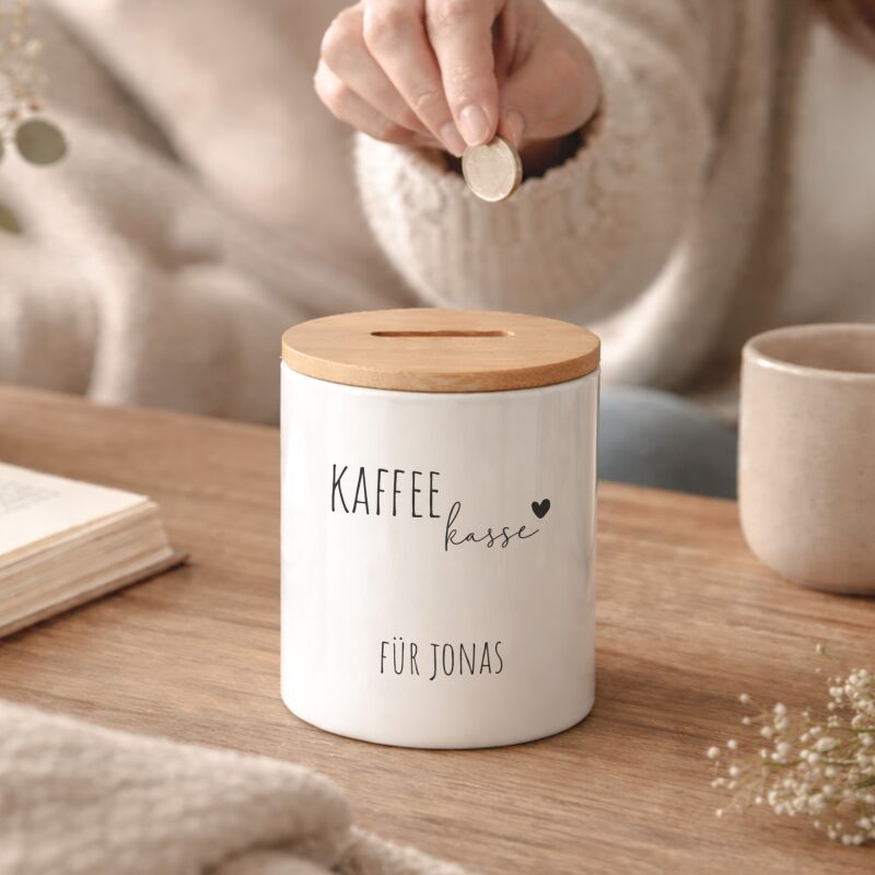 Keramik-Spardose mit Bambus-Deckel für Erwachsene "Kaffeekasse Grafisch"