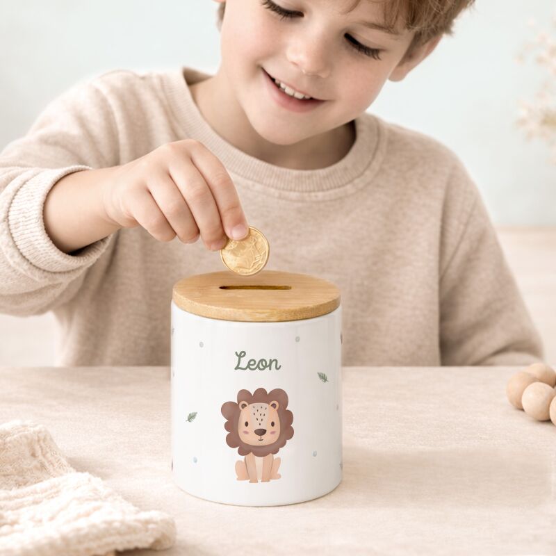 Keramik-Spardose mit Bambus-Deckel für Kinder "Löwe"